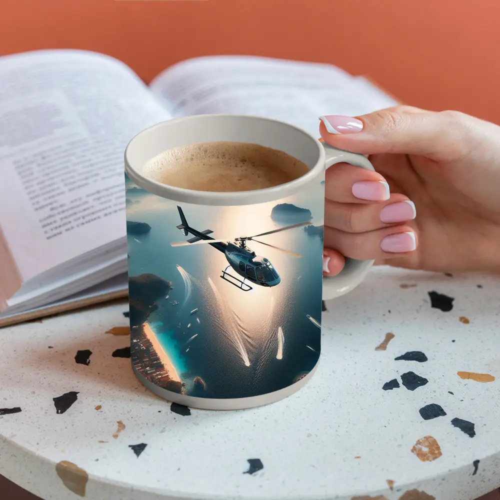 Helicopter Flying Over Tropical Island Archipelago – Mugs