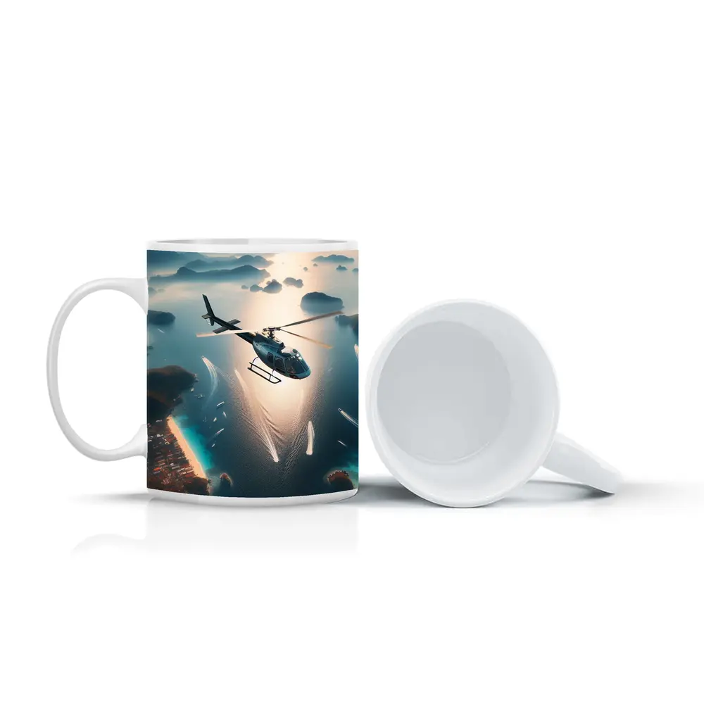Helicopter Flying Over Tropical Island Archipelago – Mugs
