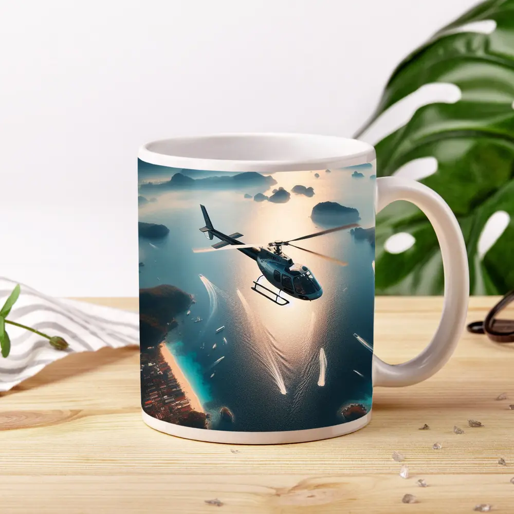 Helicopter Flying Over Tropical Island Archipelago – Mugs