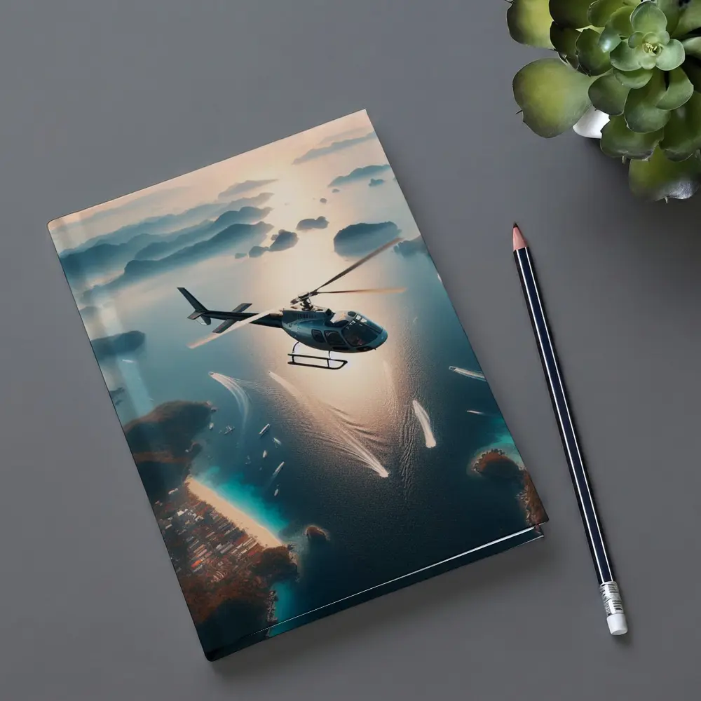 Helicopter Flying Over Tropical Island Archipelago – Notebooks
