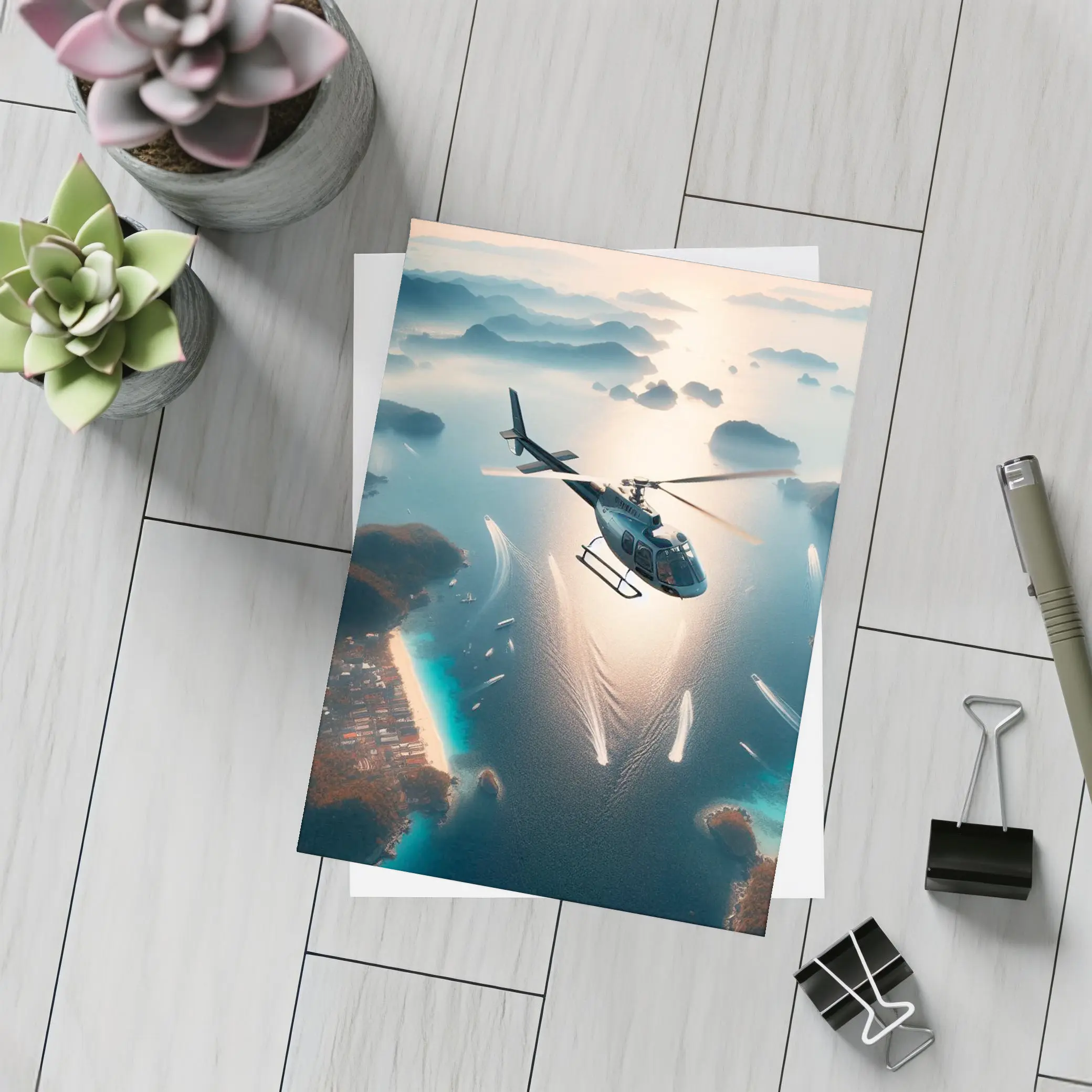 Helicopter Flying Over Tropical Island Archipelago – Postcards