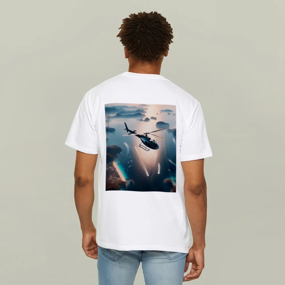 Helicopter Flying Over Tropical Island Archipelago – T-Shirts