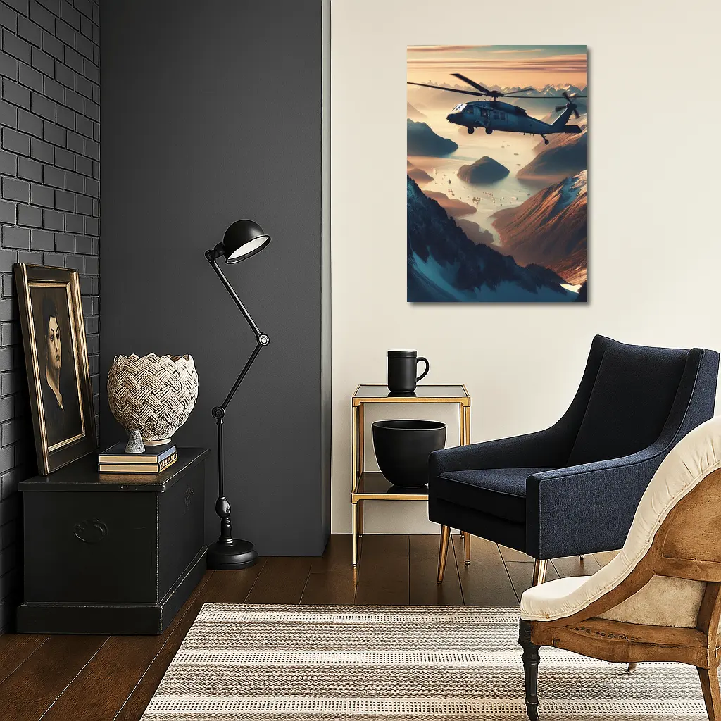 Military Helicopter Flying Over Mountain Fjord – Wall Art