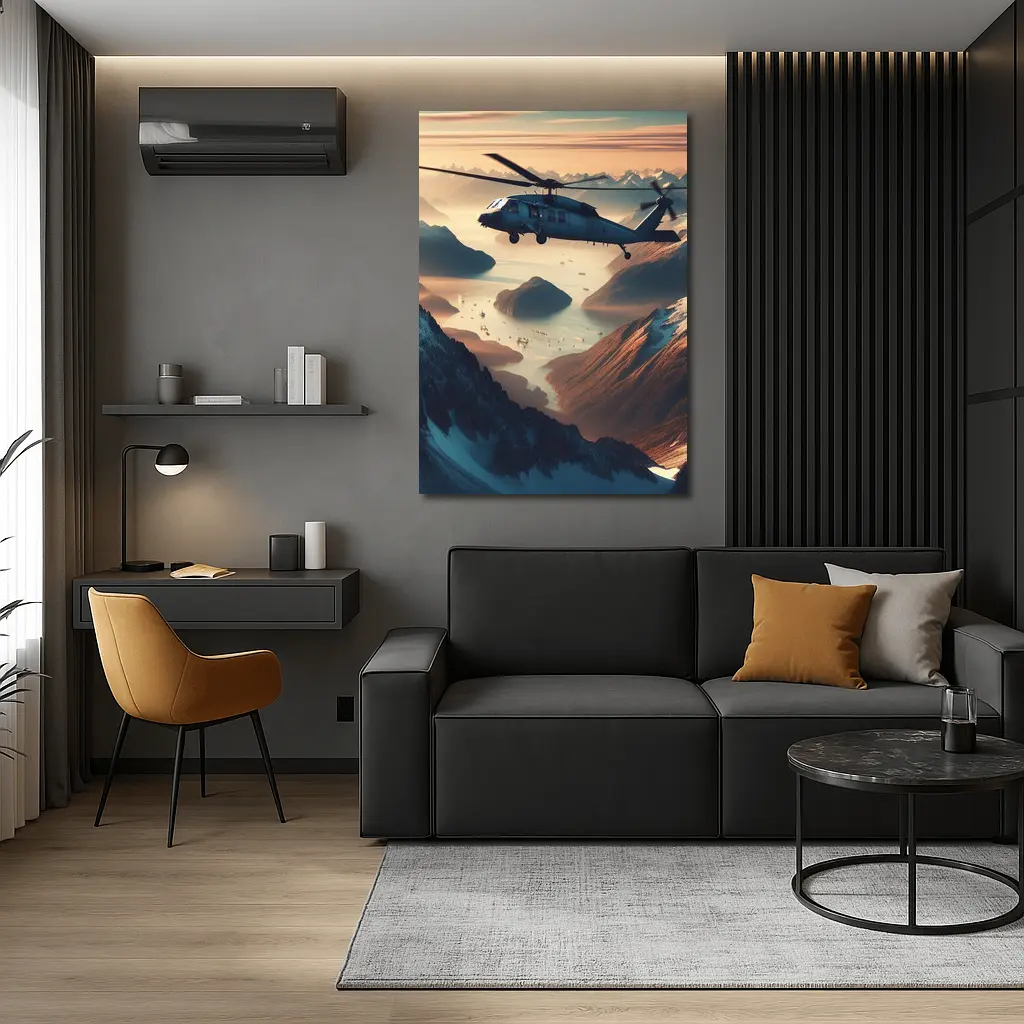 Military Helicopter Flying Over Mountain Fjord – Wall Art