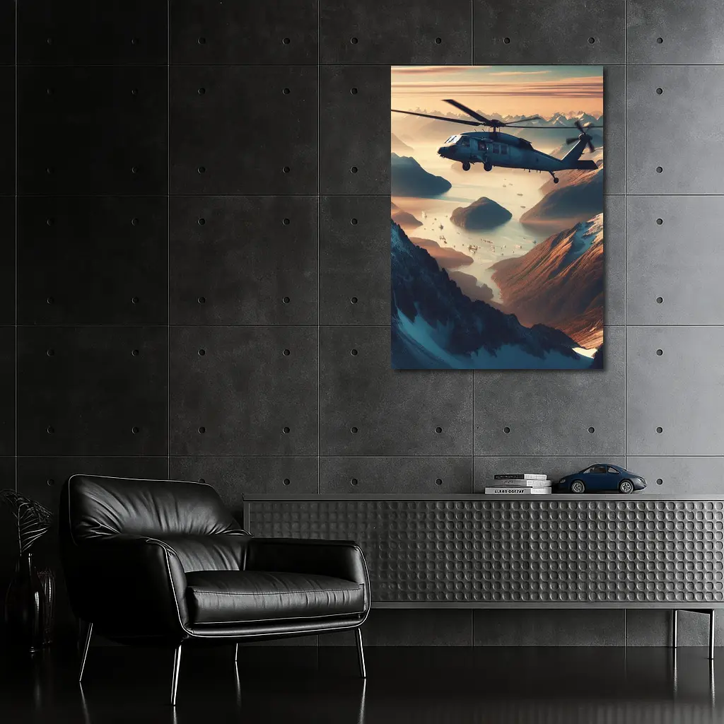 Military Helicopter Flying Over Mountain Fjord – Wall Art