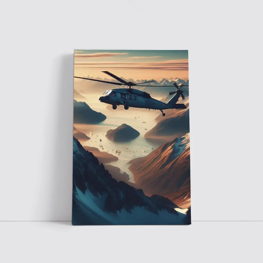 Military Helicopter Flying Over Mountain Fjord – Wall Art