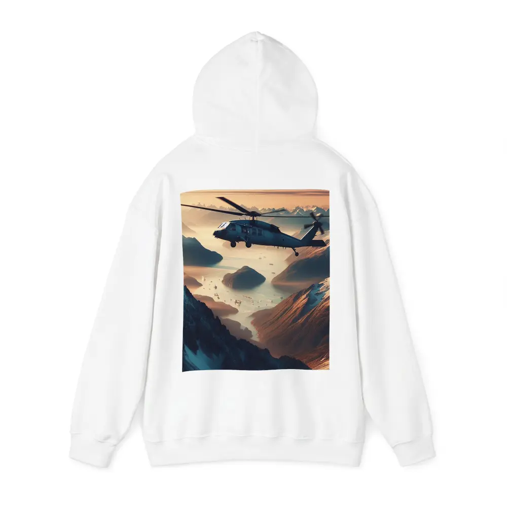 Military Helicopter Flying Over Mountain Fjord – Hoodies