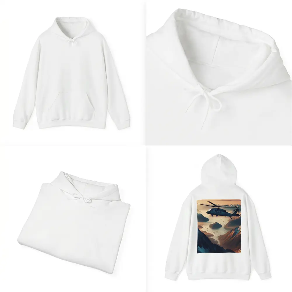 Military Helicopter Flying Over Mountain Fjord – Hoodies