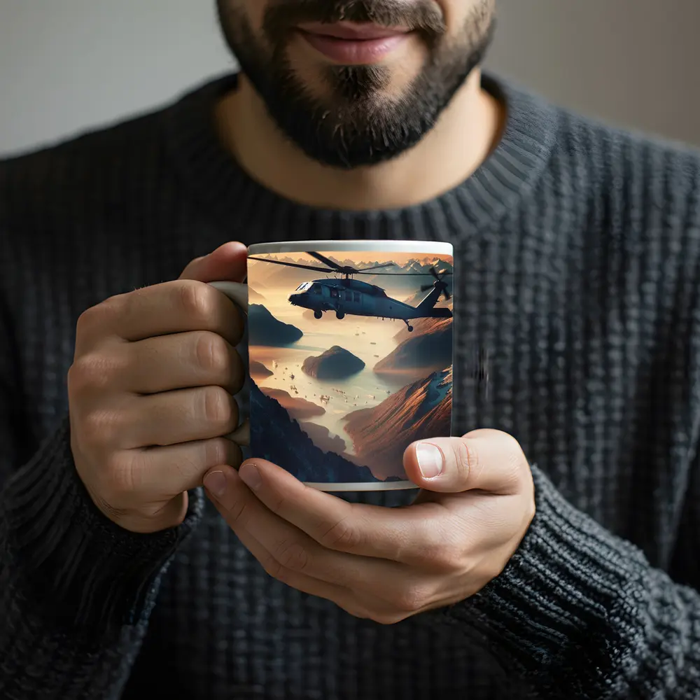 Military Helicopter Flying Over Mountain Fjord – Mugs