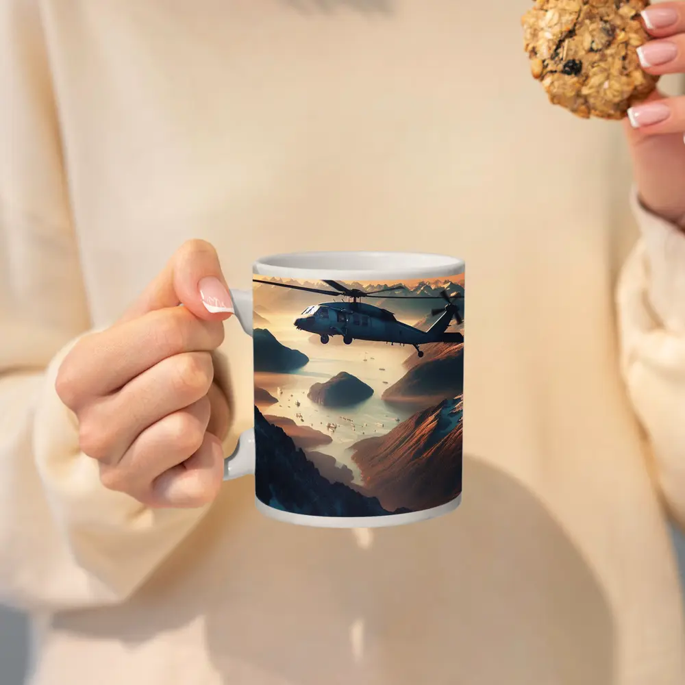 Military Helicopter Flying Over Mountain Fjord – Mugs