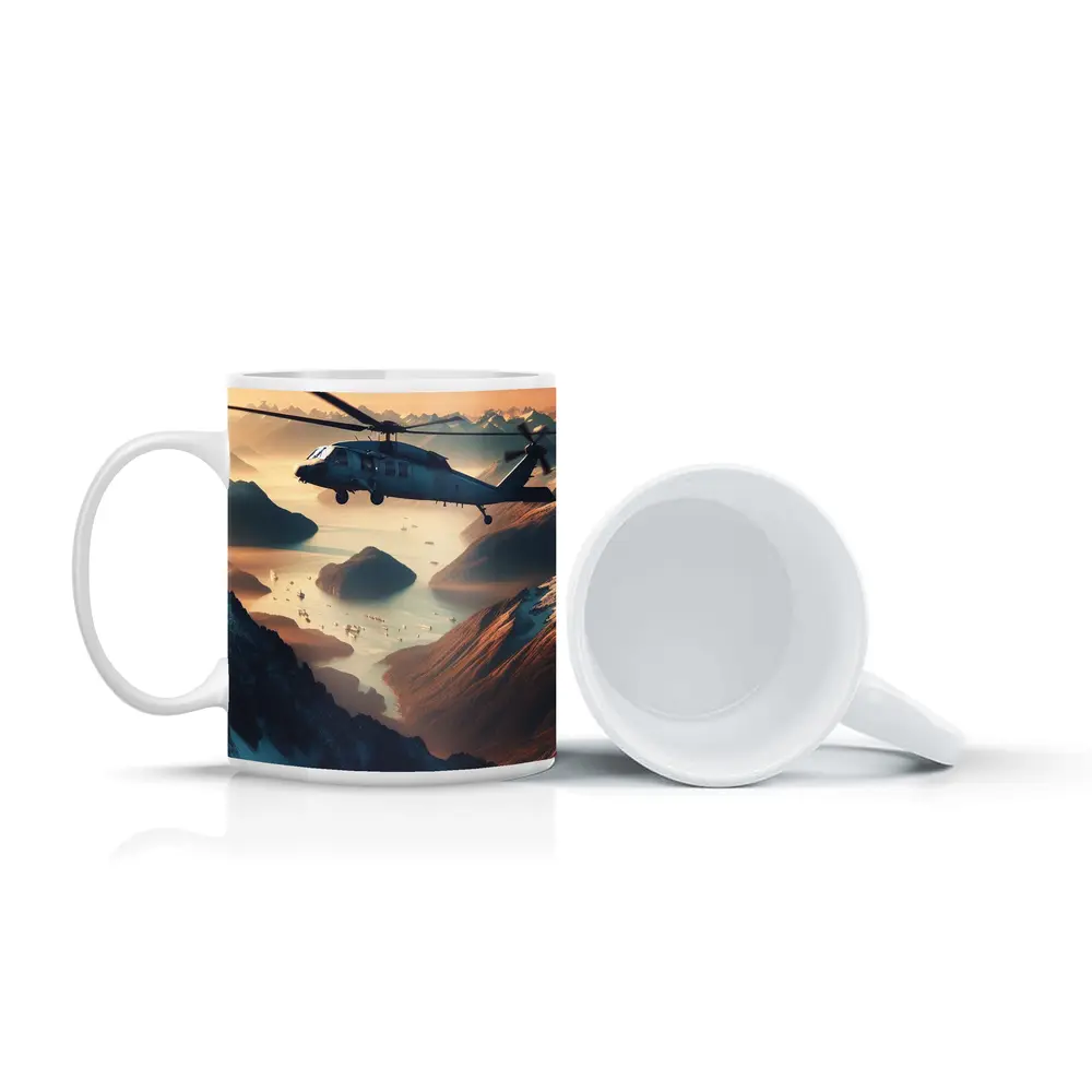 Military Helicopter Flying Over Mountain Fjord – Mugs