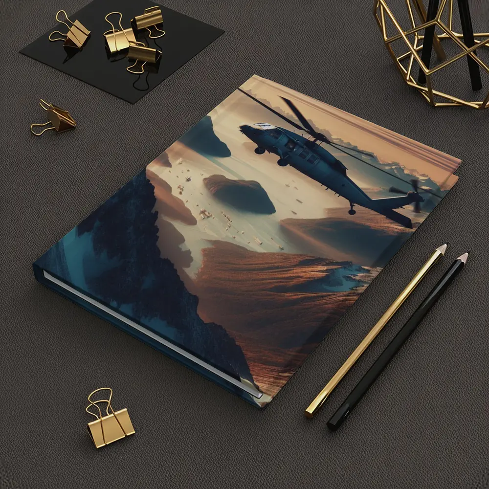 Military Helicopter Flying Over Mountain Fjord – Notebooks