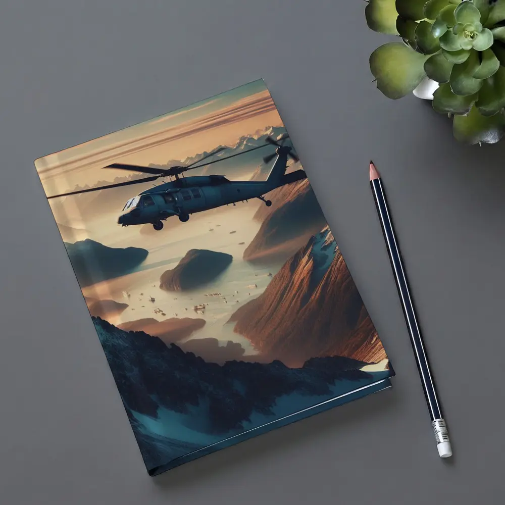 Military Helicopter Flying Over Mountain Fjord – Notebooks