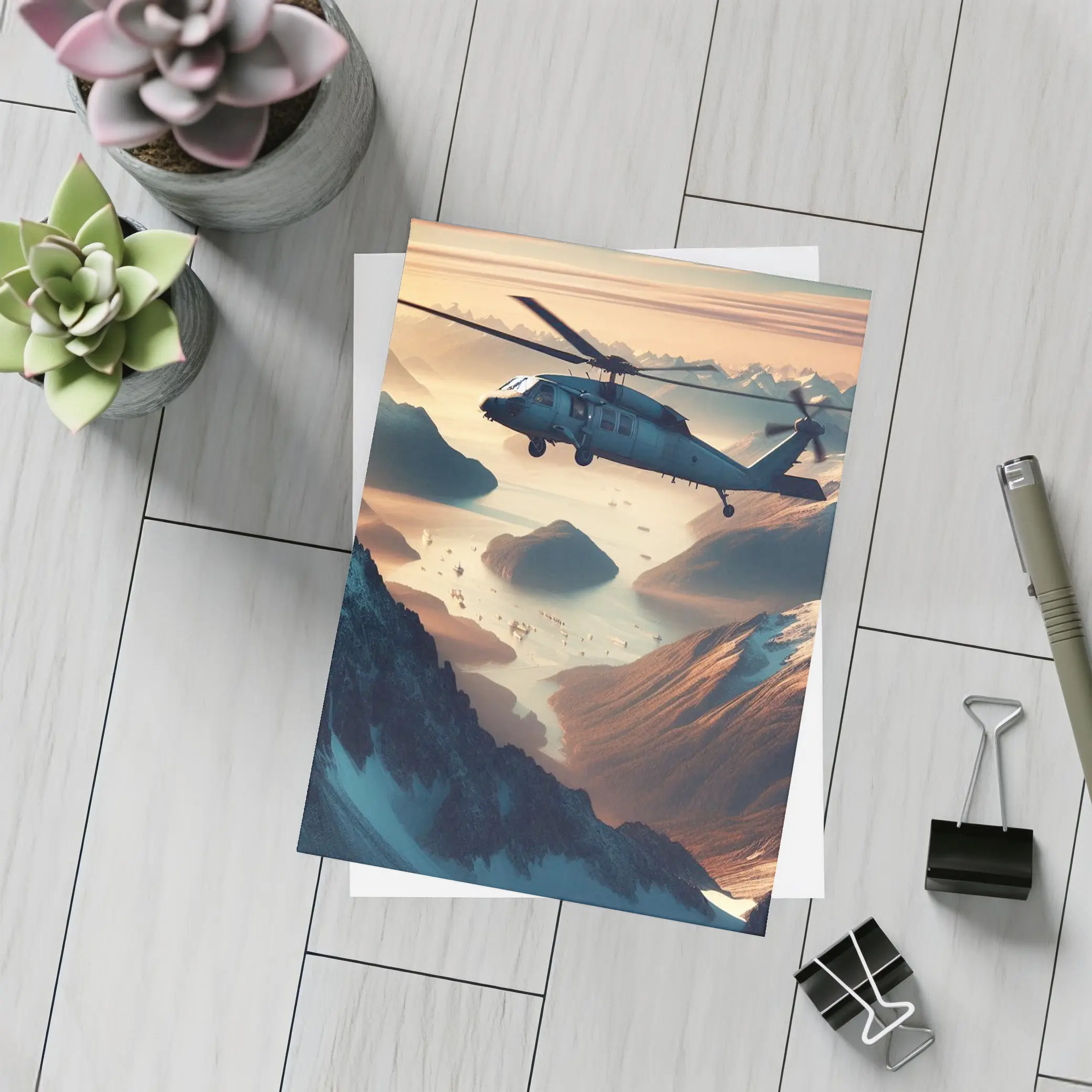 Military Helicopter Flying Over Mountain Fjord – Postcards