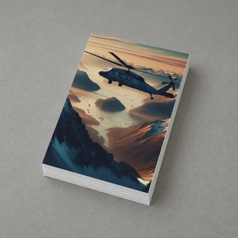 Military Helicopter Flying Over Mountain Fjord – Postcards
