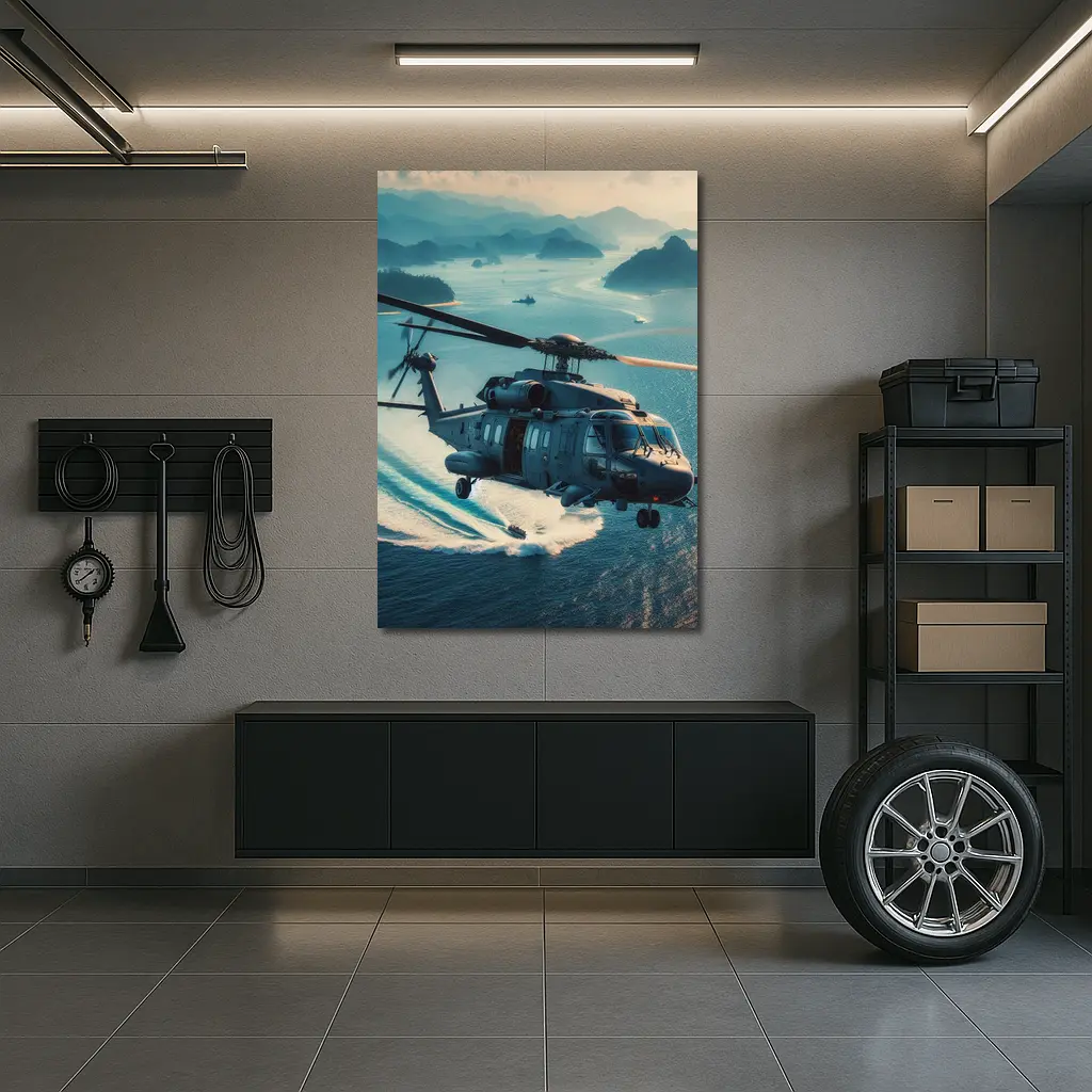 Military Helicopter Flying Over Ocean Islands – Wall Art