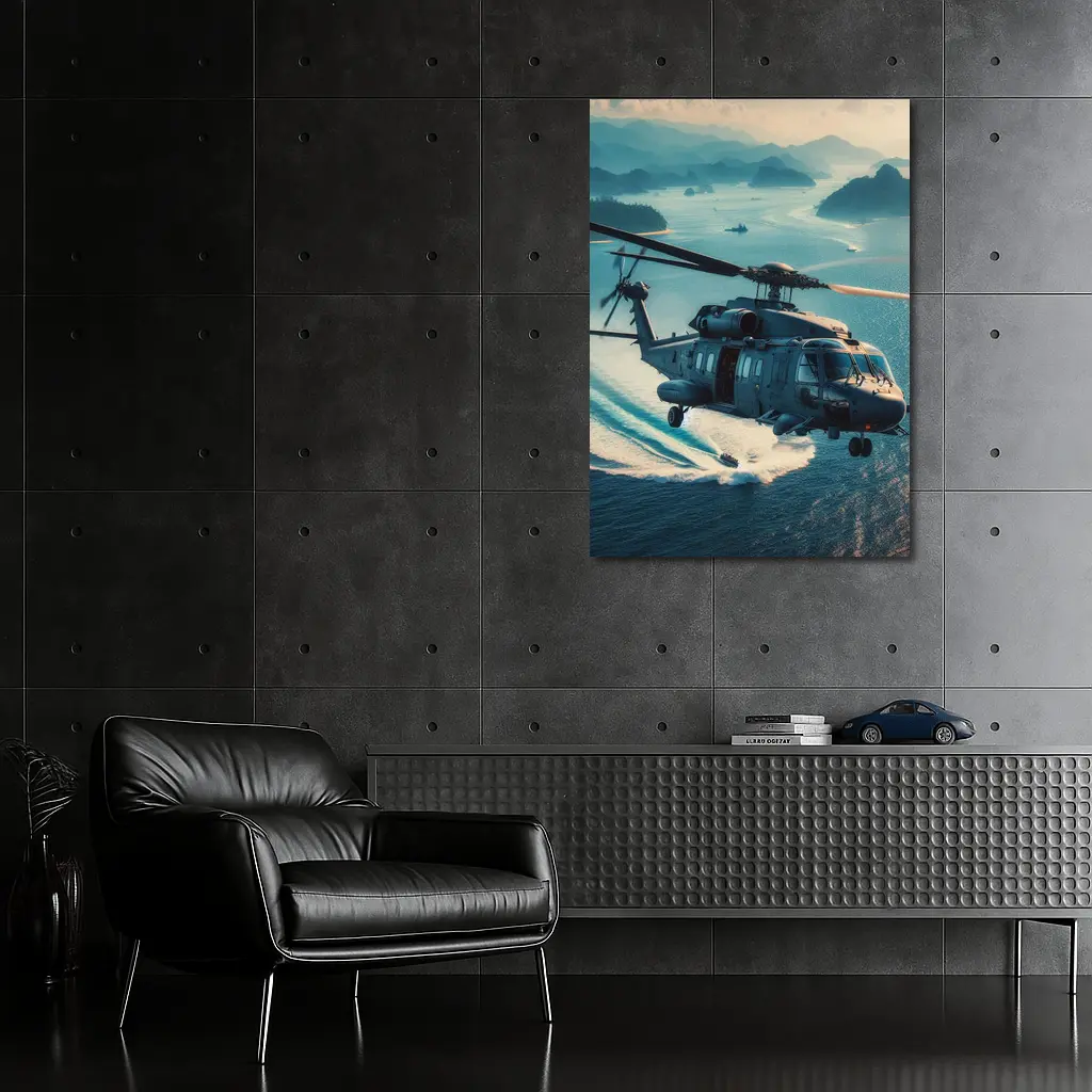 Military Helicopter Flying Over Ocean Islands – Wall Art