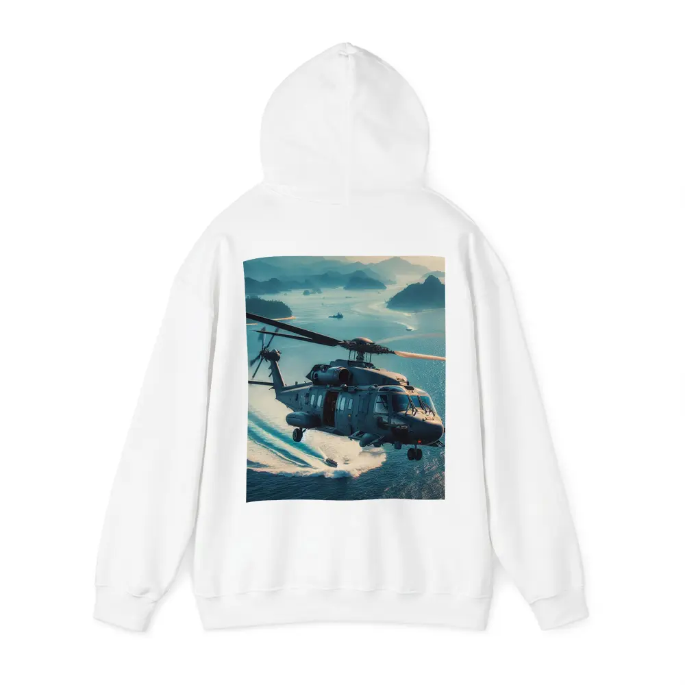 Military Helicopter Flying Over Ocean Islands – Hoodies