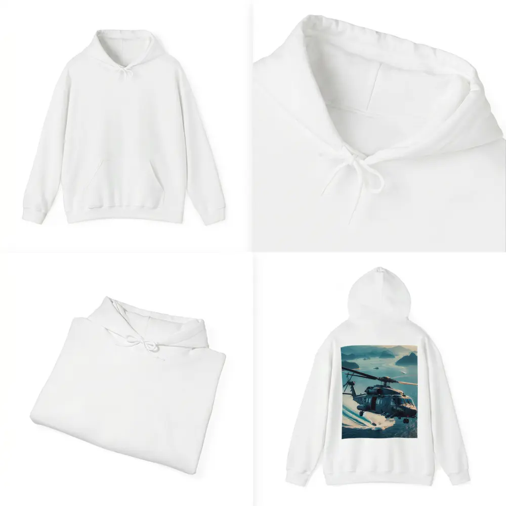 Military Helicopter Flying Over Ocean Islands – Hoodies