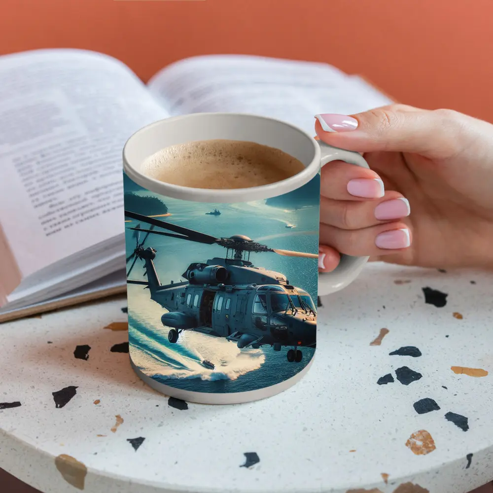 Military Helicopter Flying Over Ocean Islands – Mugs