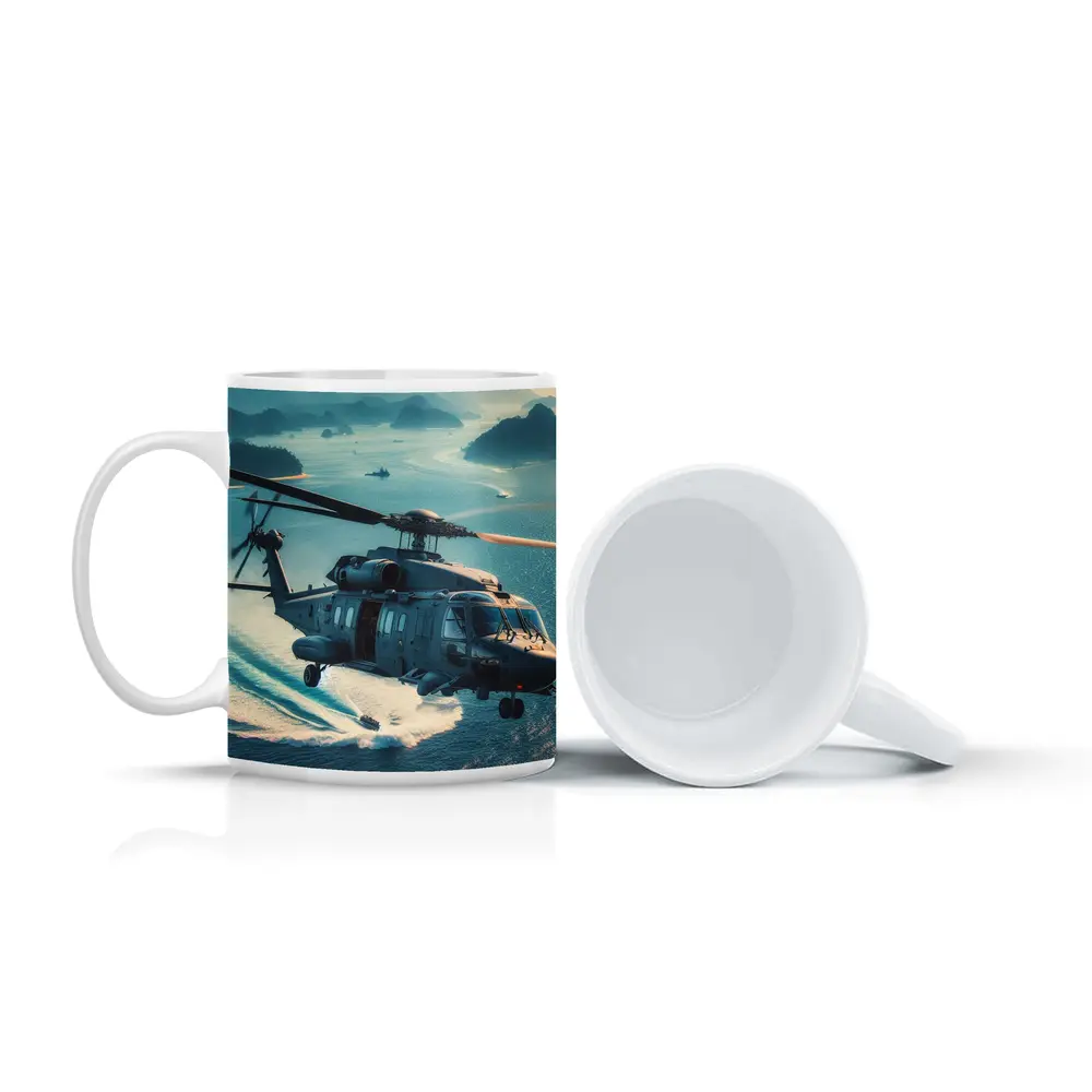 Military Helicopter Flying Over Ocean Islands – Mugs