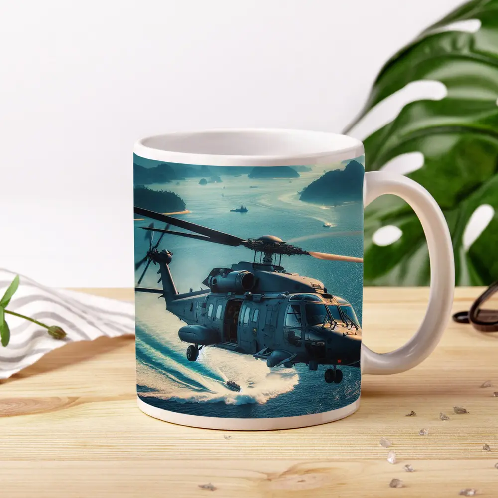 Military Helicopter Flying Over Ocean Islands – Mugs