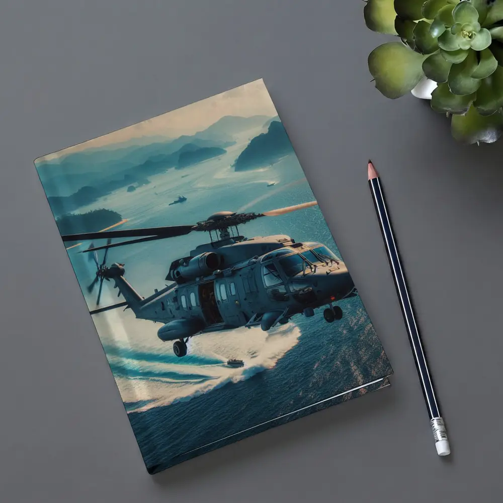 Military Helicopter Flying Over Ocean Islands – Notebooks