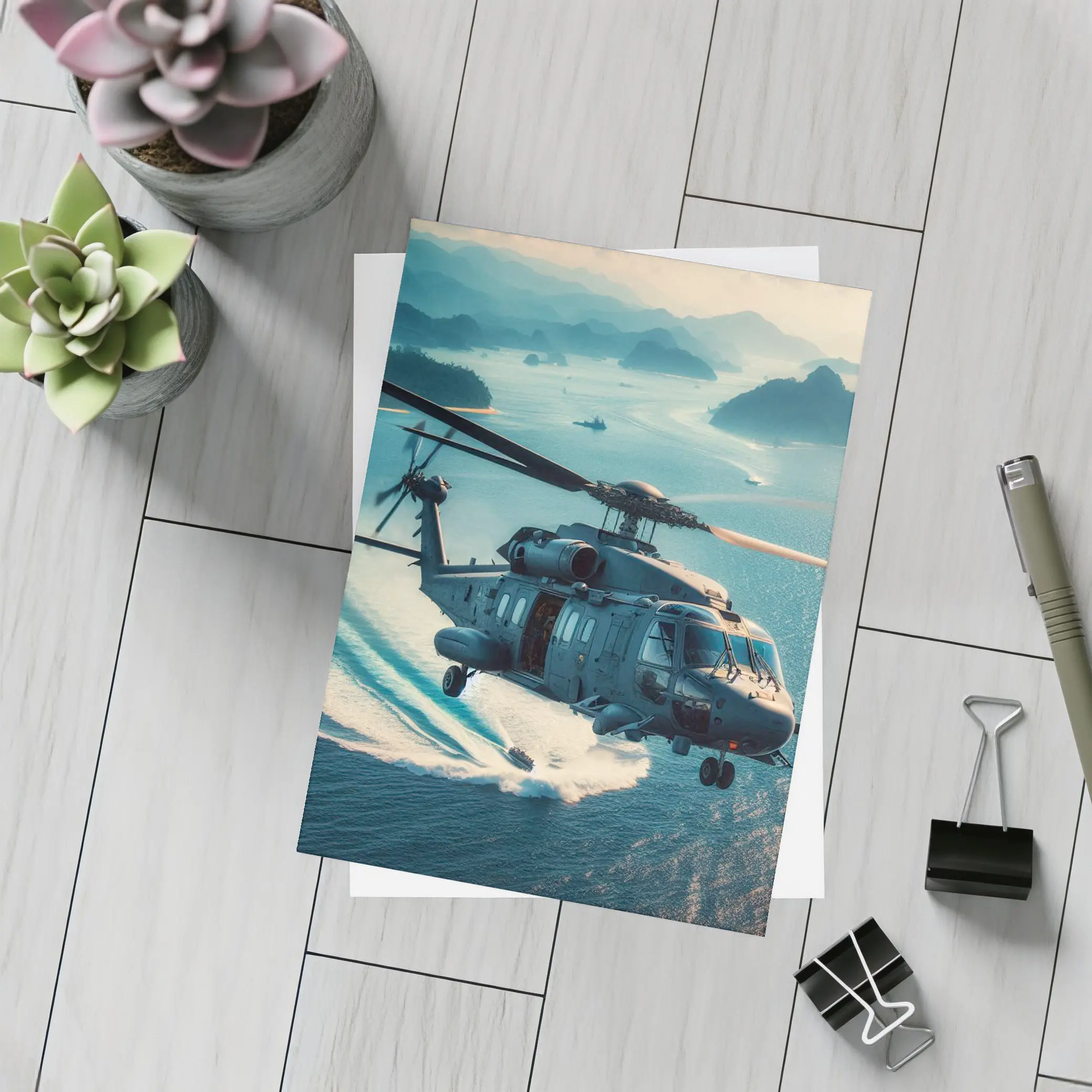 Military Helicopter Flying Over Ocean Islands – Postcards
