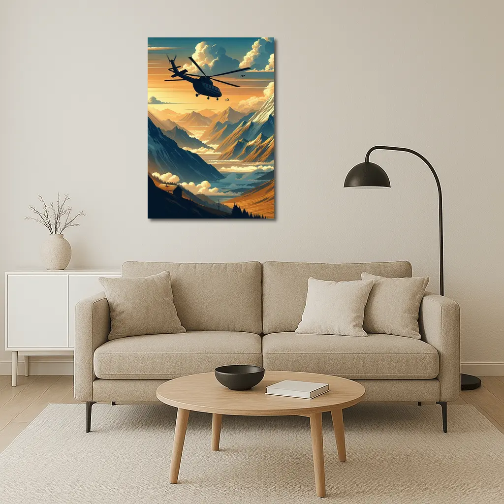 Helicopter Flying Over Mountain Valley Sunset – Wall Art