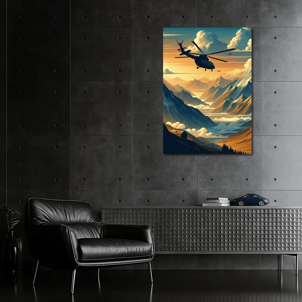 Helicopter Flying Over Mountain Valley Sunset – Wall Art