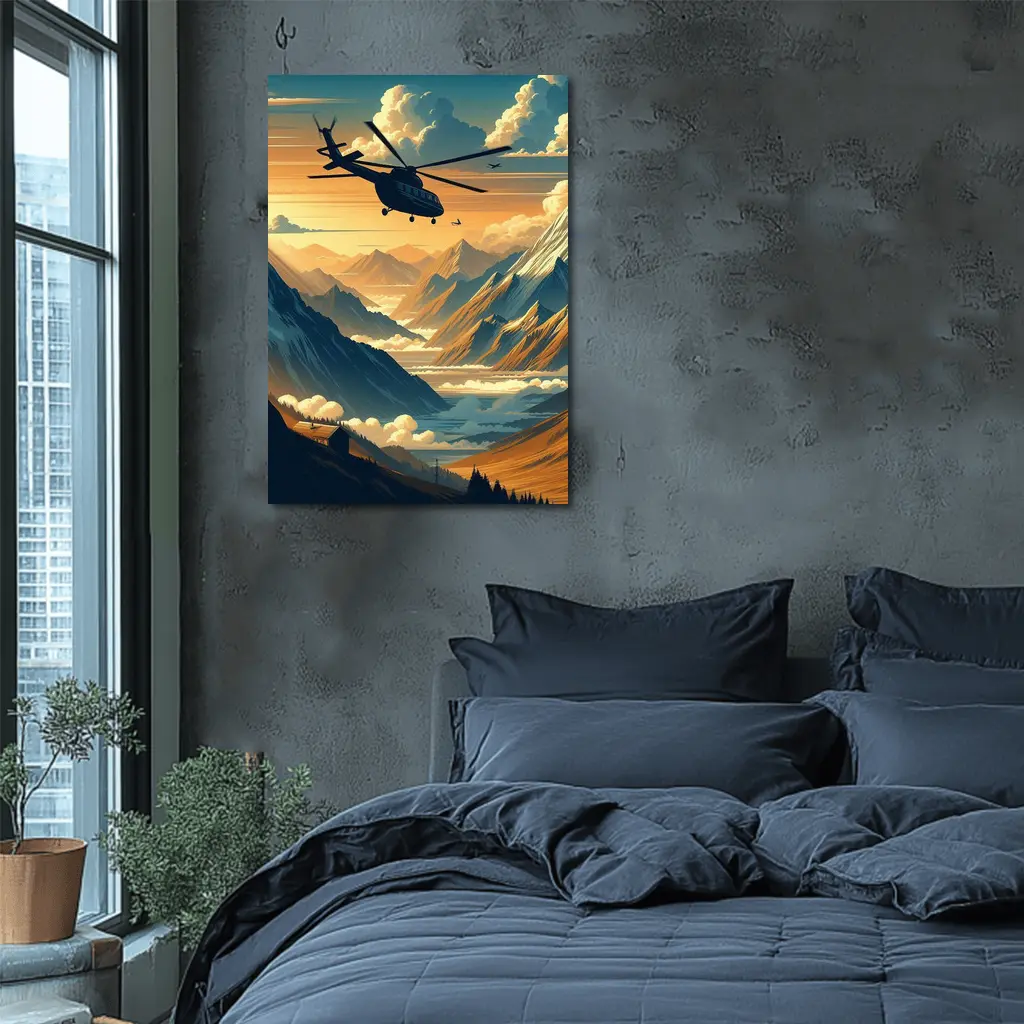 Helicopter Flying Over Mountain Valley Sunset – Wall Art