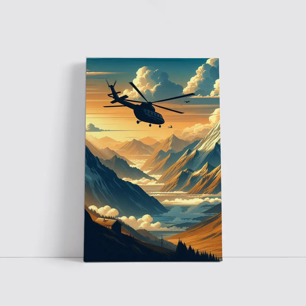 Helicopter Flying Over Mountain Valley Sunset – Wall Art