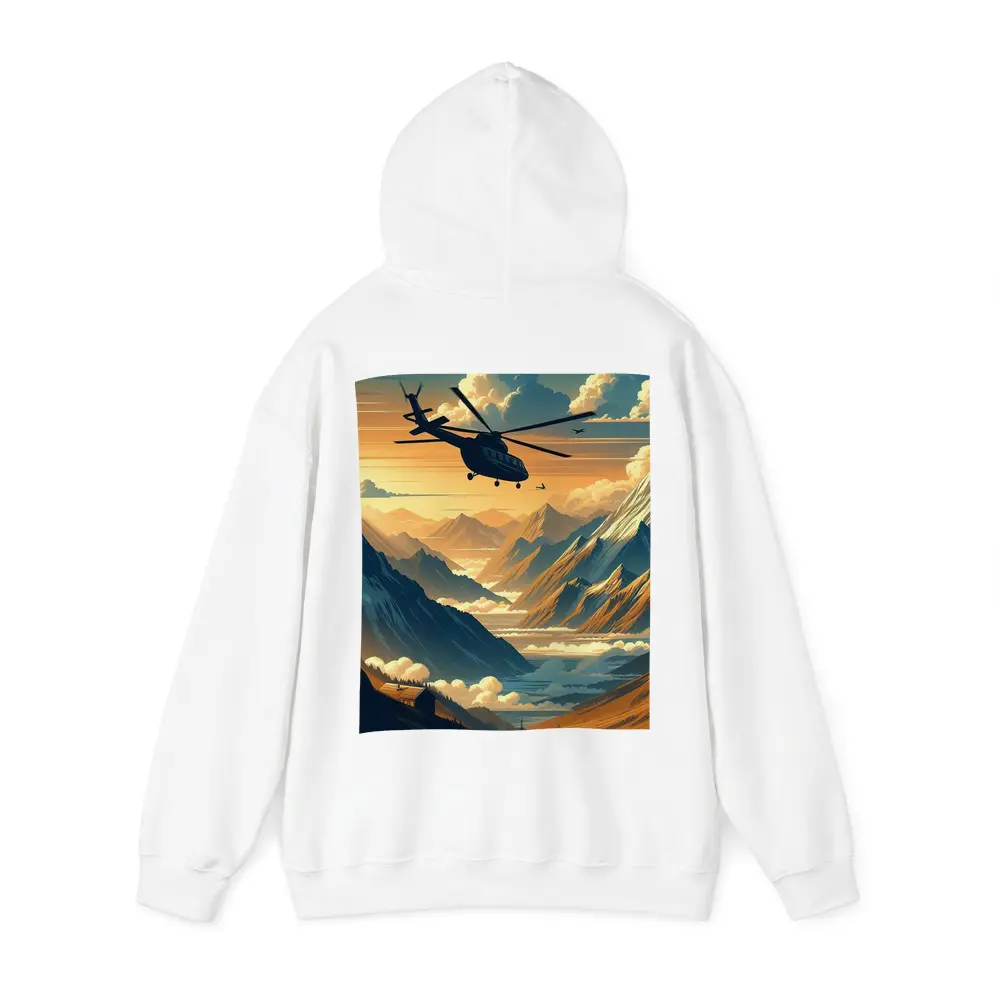 Helicopter Flying Over Mountain Valley Sunset – Hoodies