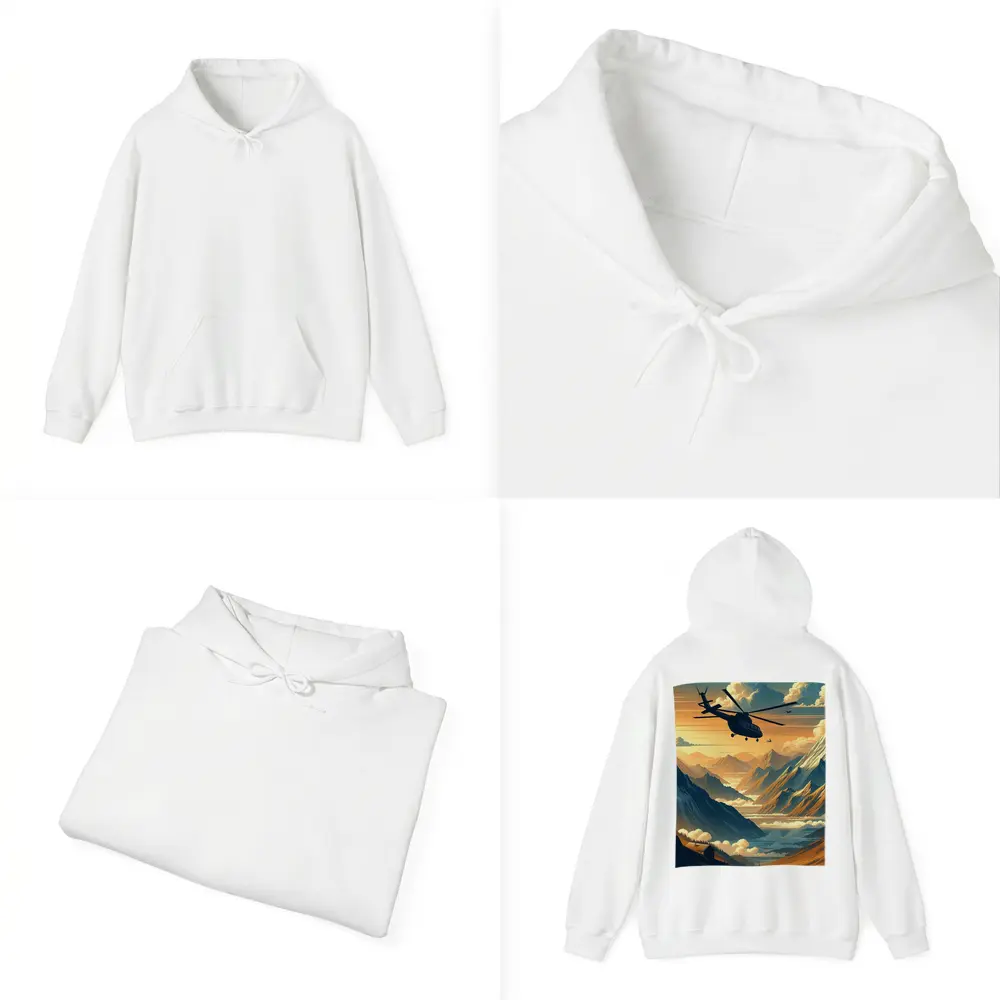 Helicopter Flying Over Mountain Valley Sunset – Hoodies