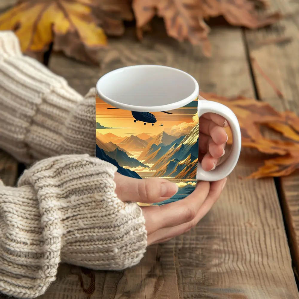 Helicopter Flying Over Mountain Valley Sunset – Mugs