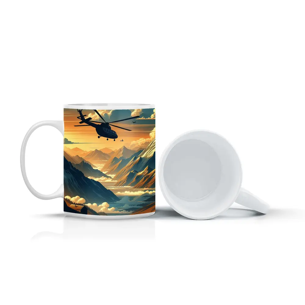 Helicopter Flying Over Mountain Valley Sunset – Mugs