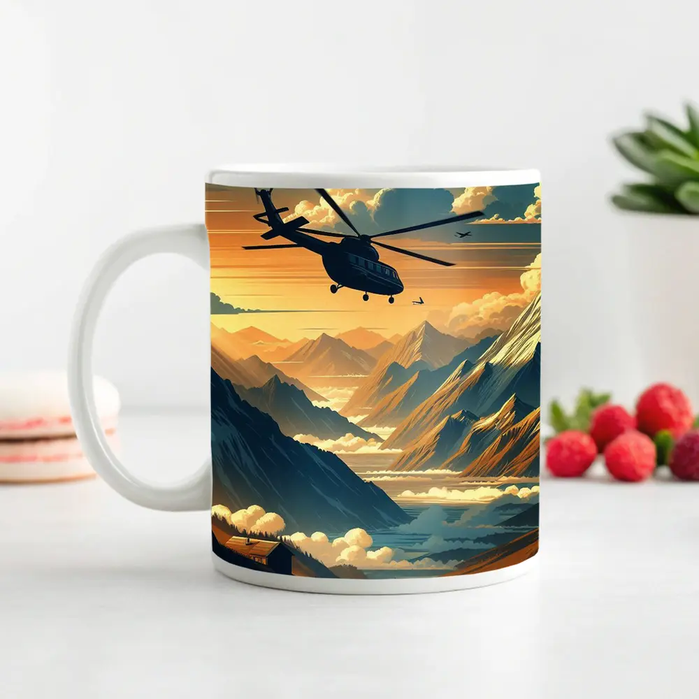 Helicopter Flying Over Mountain Valley Sunset – Mugs