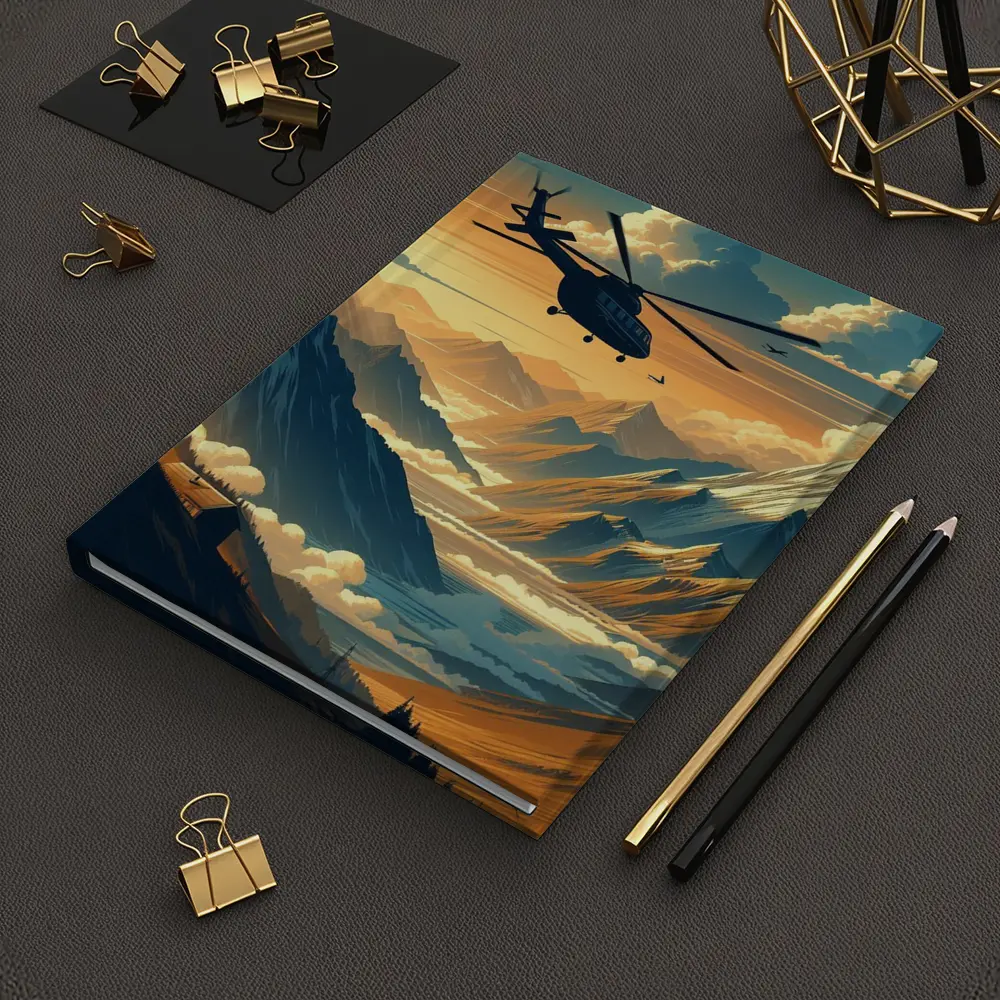 Helicopter Flying Over Mountain Valley Sunset – Notebooks