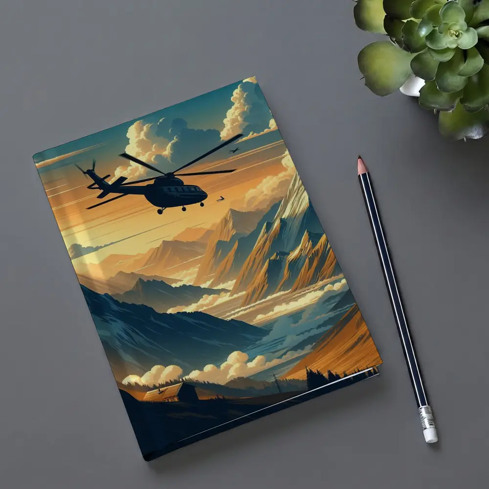 Helicopter Flying Over Mountain Valley Sunset – Notebooks