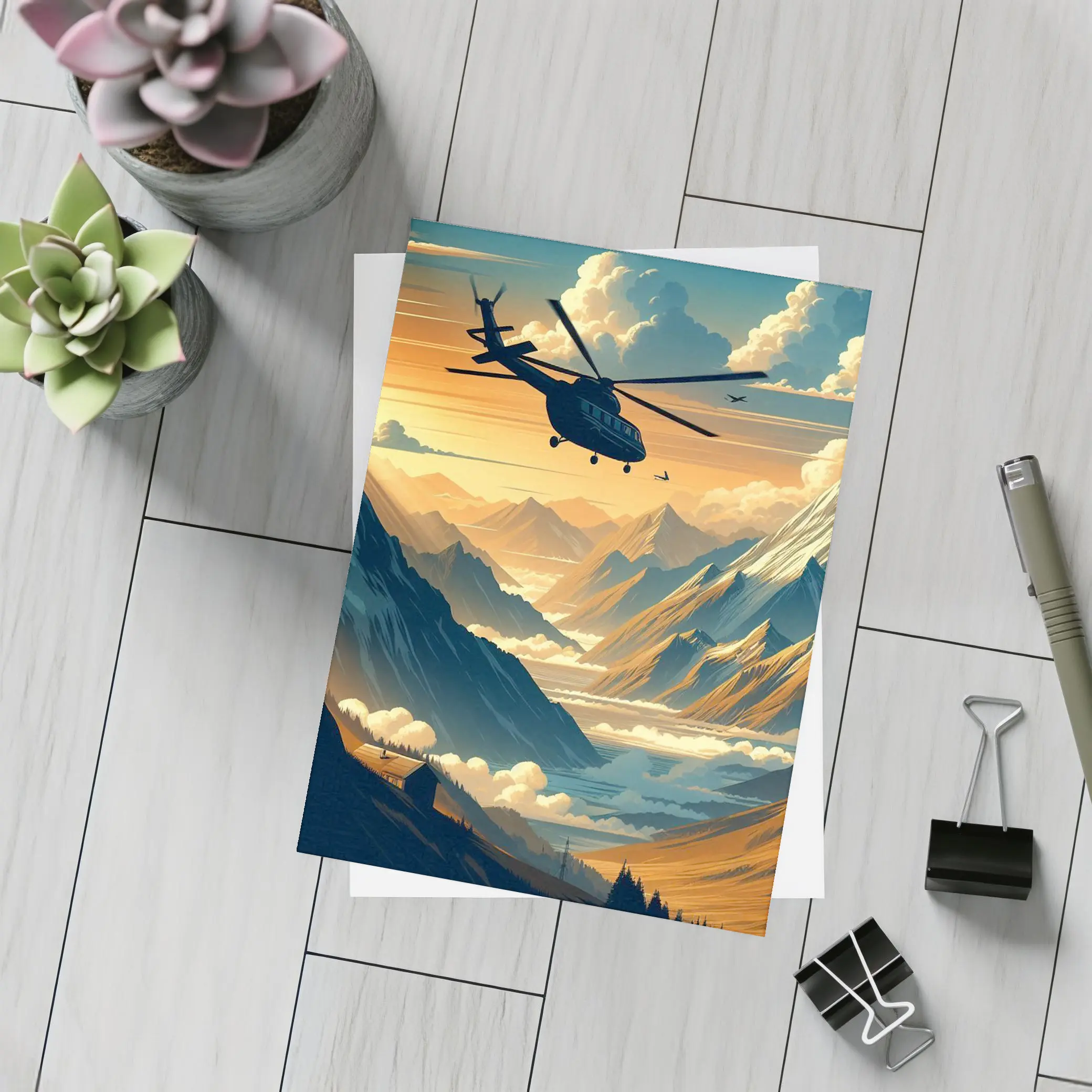 Helicopter Flying Over Mountain Valley Sunset – Postcards