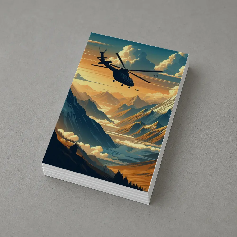 Helicopter Flying Over Mountain Valley Sunset – Postcards