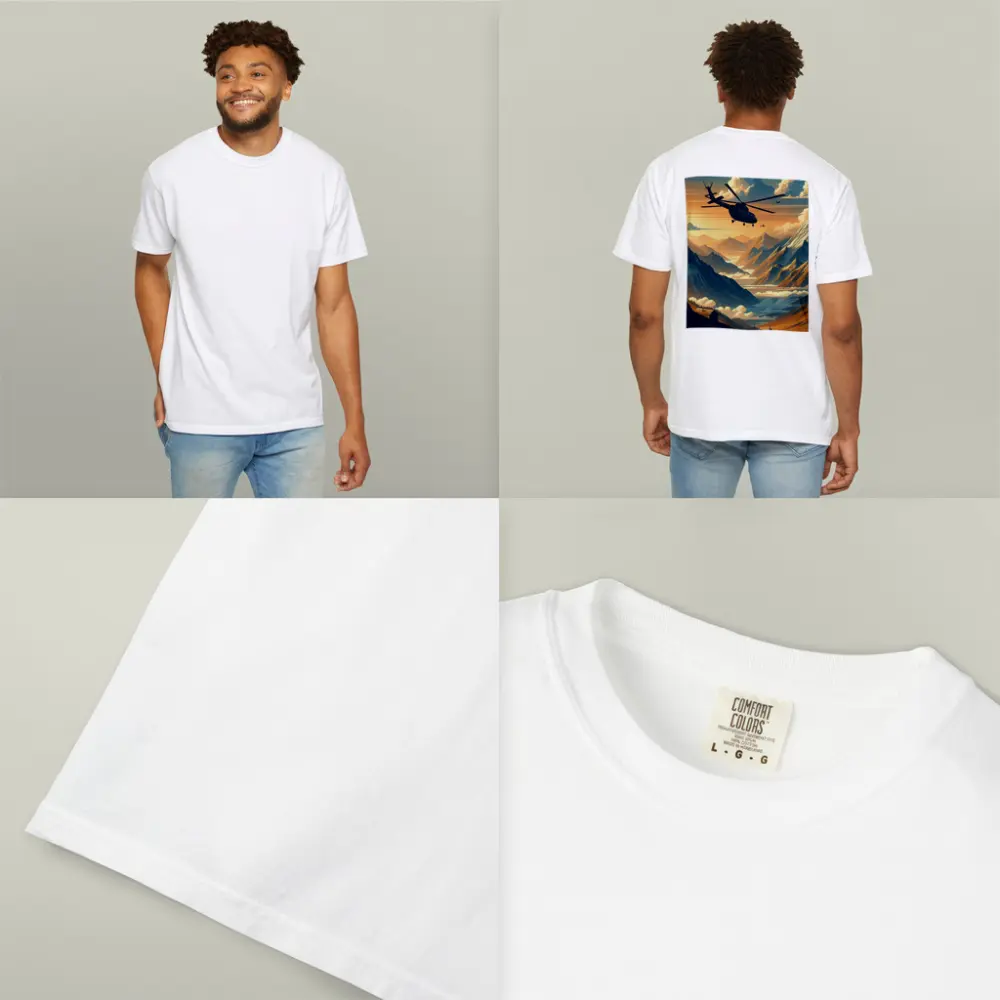 Helicopter Flying Over Mountain Valley Sunset – T-Shirts