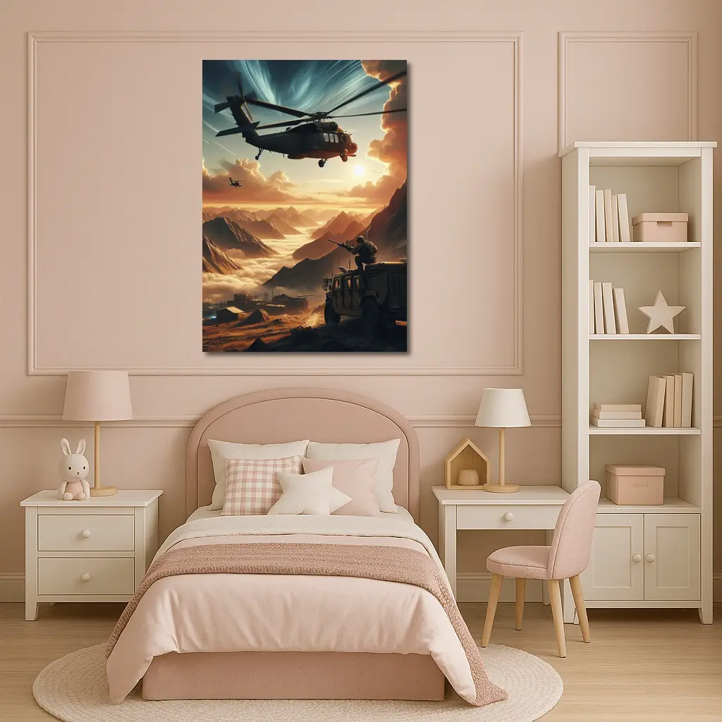 Military Helicopter Soldier Mountain Sunset Scene – Wall Art