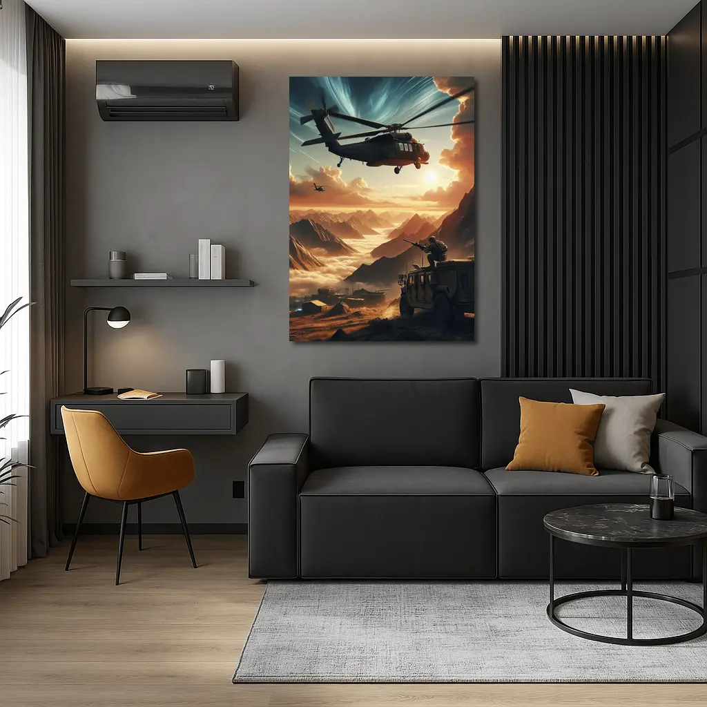 Military Helicopter Soldier Mountain Sunset Scene – Wall Art
