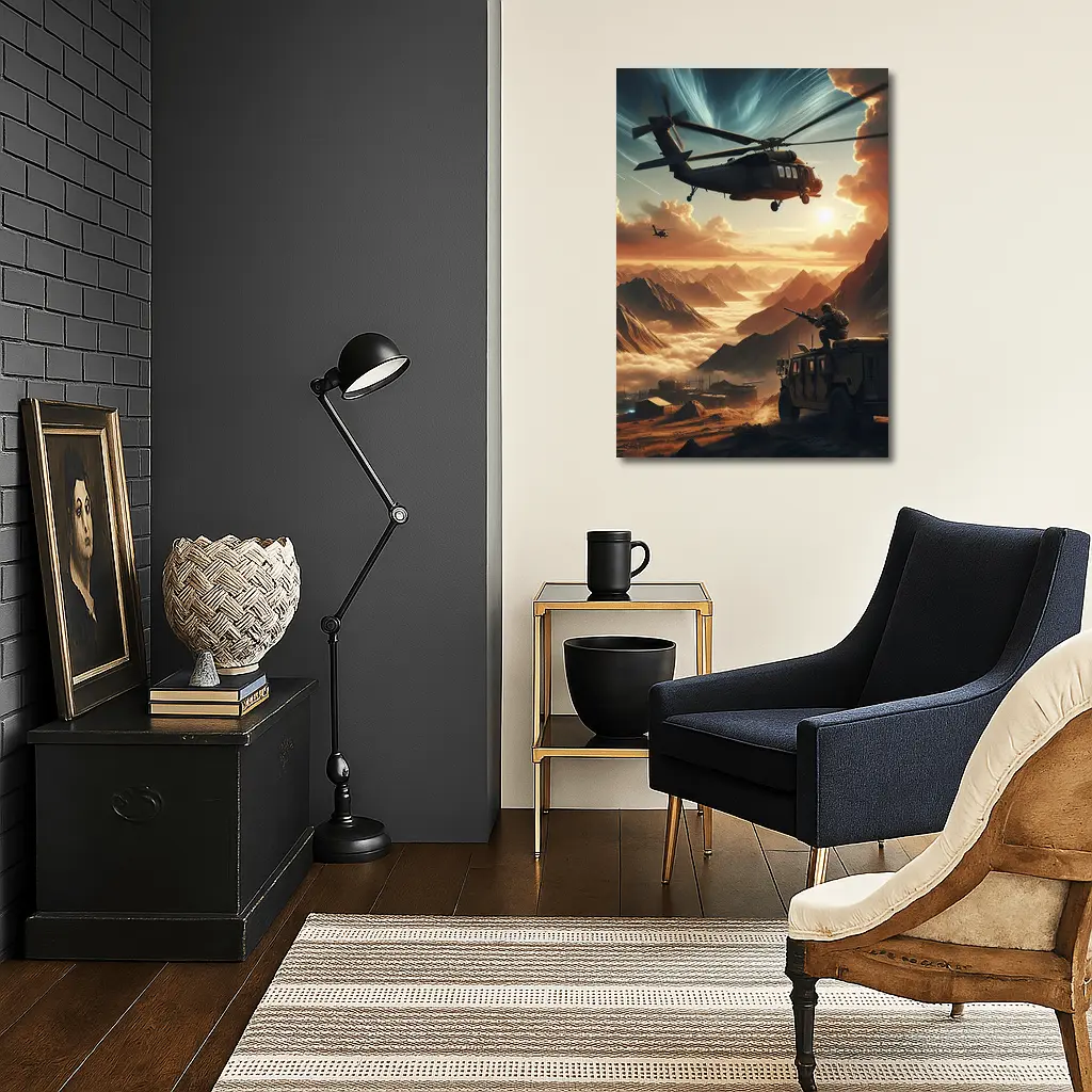 Military Helicopter Soldier Mountain Sunset Scene – Wall Art