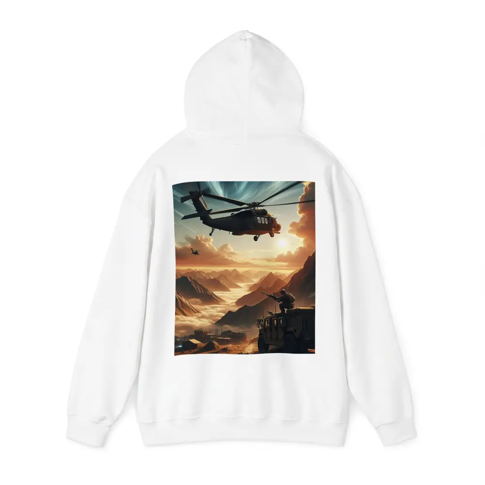 Military Helicopter Soldier Mountain Sunset Scene – Hoodies