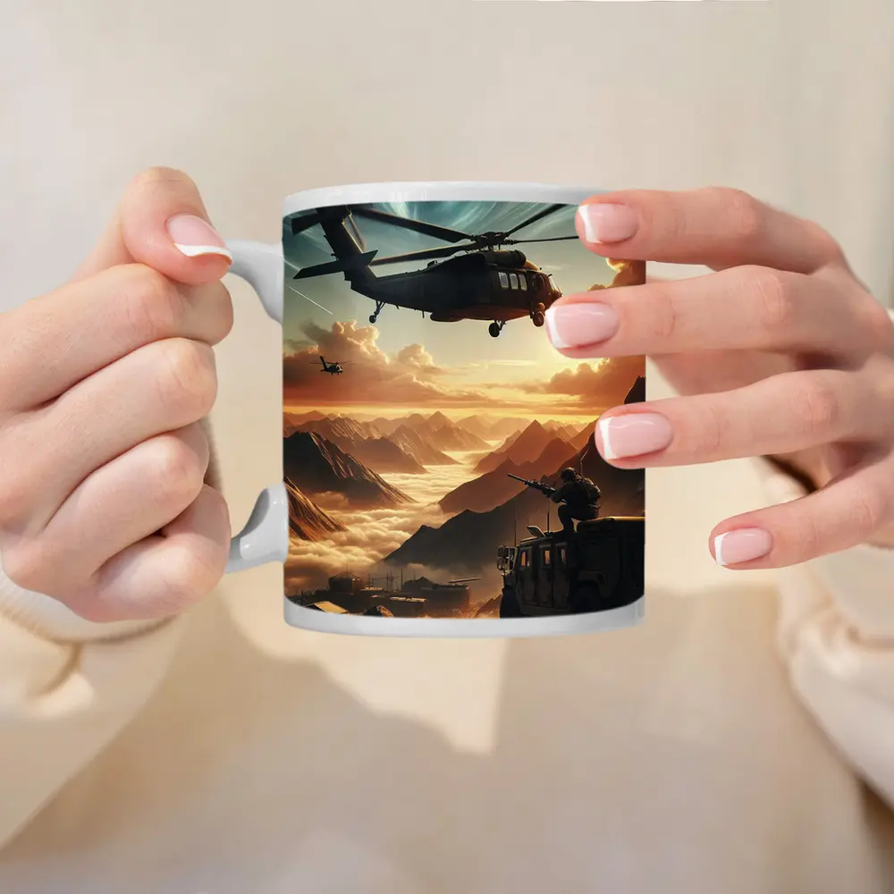 Military Helicopter Soldier Mountain Sunset Scene – Mugs