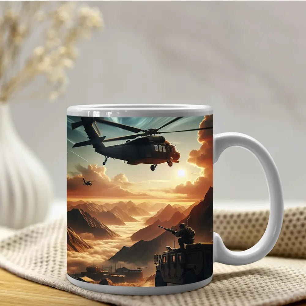Military Helicopter Soldier Mountain Sunset Scene – Mugs
