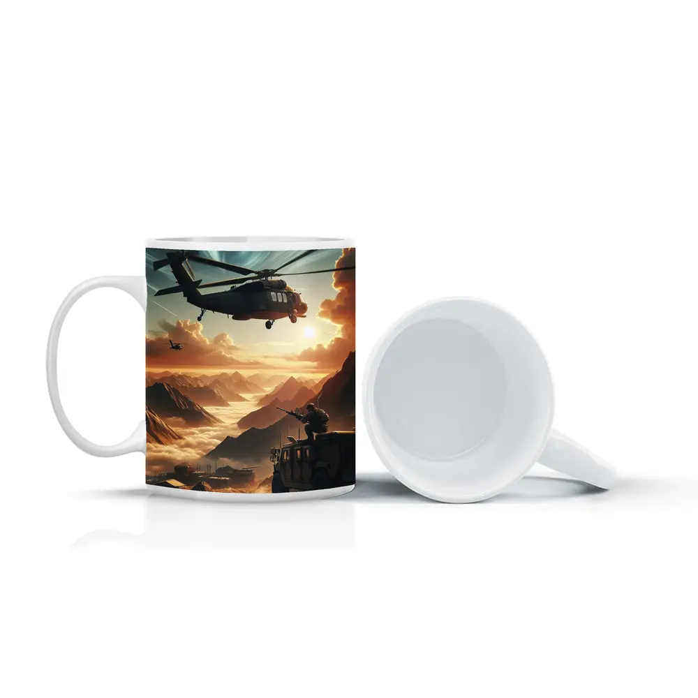 Military Helicopter Soldier Mountain Sunset Scene – Mugs