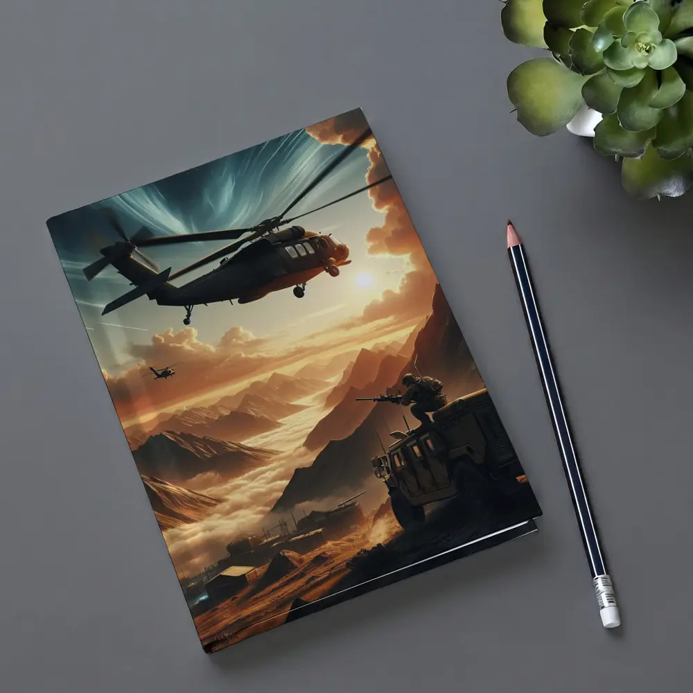 Military Helicopter Soldier Mountain Sunset Scene – Notebooks